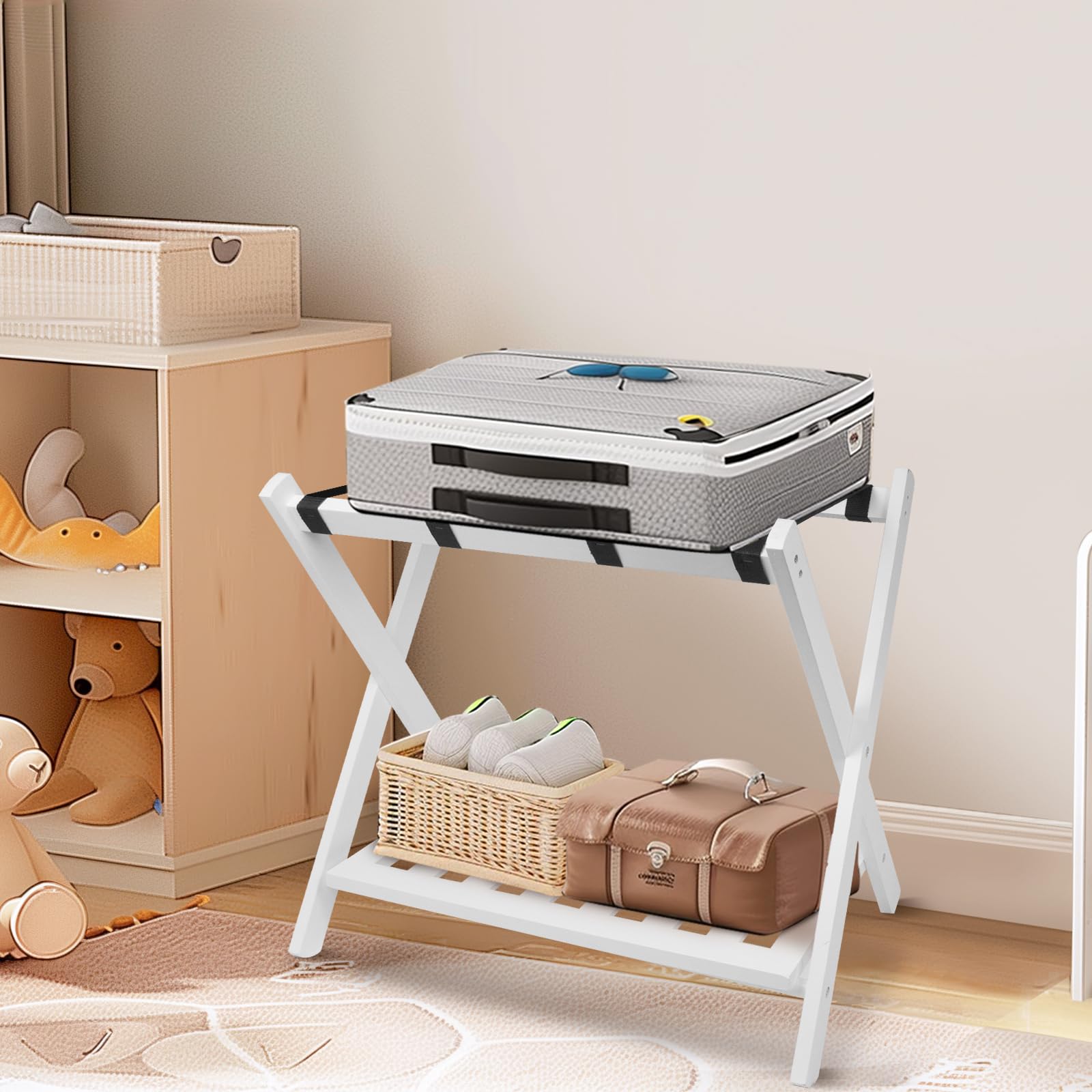 Photo 1 of Luggage Rack FoldableSuitcase Stand Storage Luggage Holder with Nylon Straps Shelf Luggage Rack for Guest Room Hotel Bedroom Hold up to 150lb - White