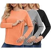 Women's 3 Pack Long Sleeve Nursing Tops for Breastfeeding with Hidden Zippers Soft Cotton Maternity Shirts