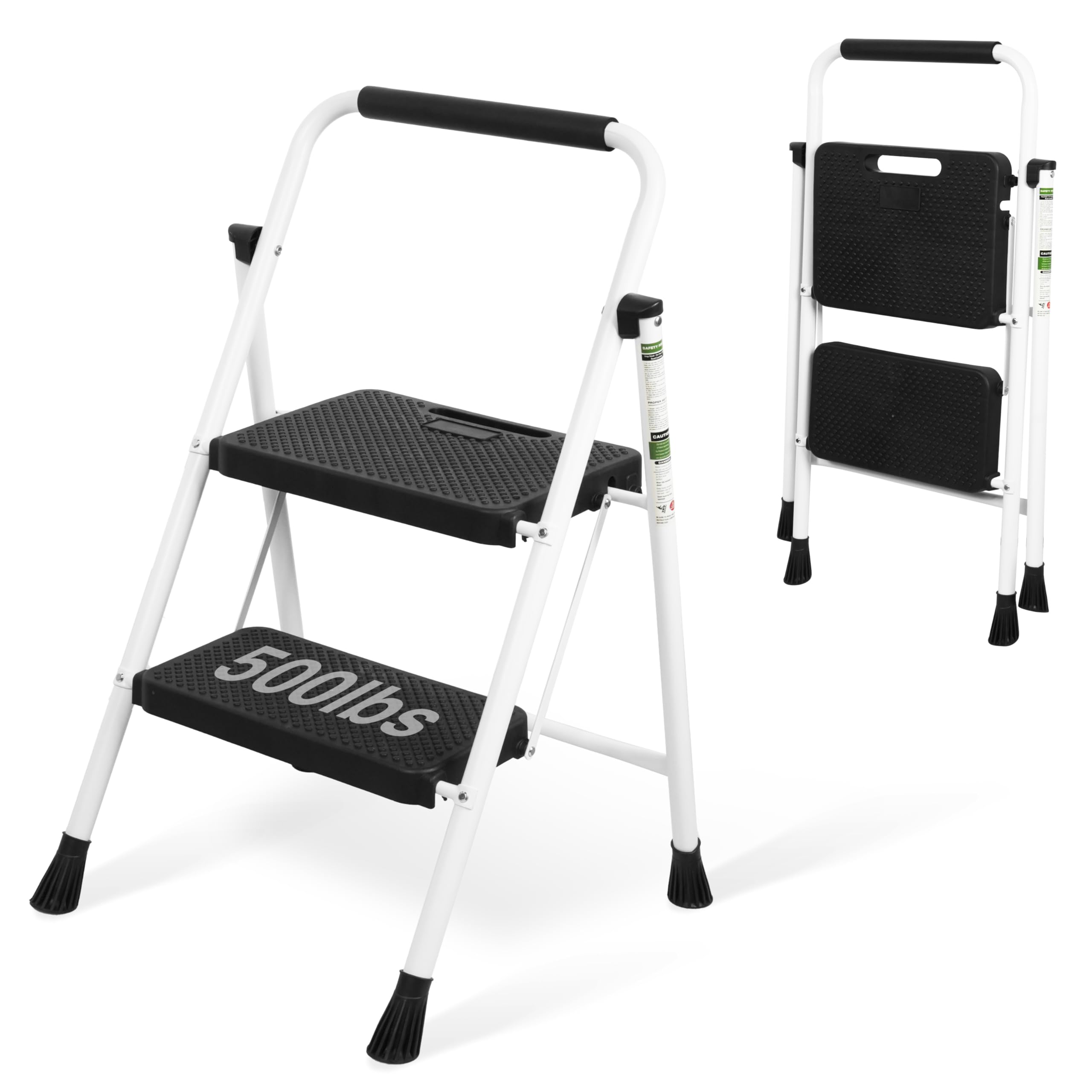 Photo 1 of 2 Step Ladder, Portable Steel Folding Step Stool with Wide Anti-Slip Pedal & Convenient Handgrip, 500lbs Sturdy Steel Ladder, White