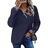 Vivilli Womens Sweatshirts Plaid V Neck Zip Pullover Casual Long sleeve Tunic Sweaters for Women Trendy Fall Clothes 2025
