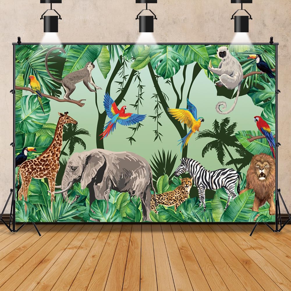 Photo 1 of ***BANNER ONLY***7x5ft Tropical Jungle Safari Animals Backdrop Tropical Forest Jungle Animal Photography Background Boy Birthday Baby Shower Birthday Party Banner Decoration Supplies Newborn Photo Booth Props