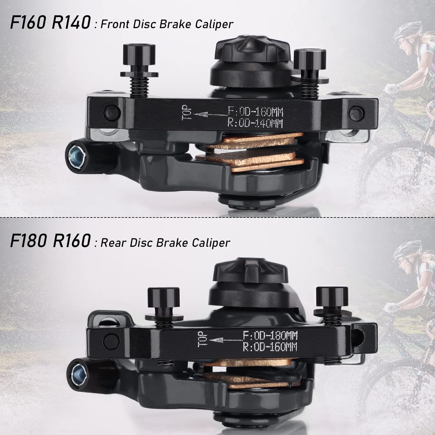 TOBWOLF 1 Pair Mechanical Disc Brake Kit, MTB Front & Rear Disc Brake Caliper with 160mm Rotor, Dual Piston Mechanical Brake Set, Bicycle Accessories for Mountain Bike, Road Bike, BMX - Black