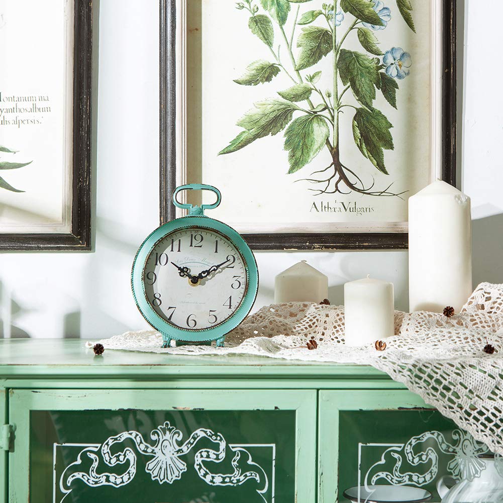 NIKKY HOME Table Clock Vintage Metal Round Desk Clock with Handle and Dragon Feet Stand for Home Living Room Bedroom Decor 5.6'' by 2.2'' by 7.5'', Distressed Aqua Blue