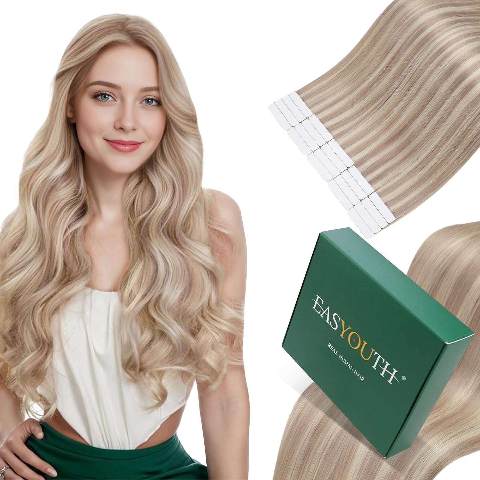 Easyouth Human Hair Extensions Tape in Blonde Highlight Tape on Hair Extensions Real Human Hair Ash Blonde Mixed Bleach Blonde Hair Extensions Tape in for Volume 12 Inch 30g 20Pcs #18/613