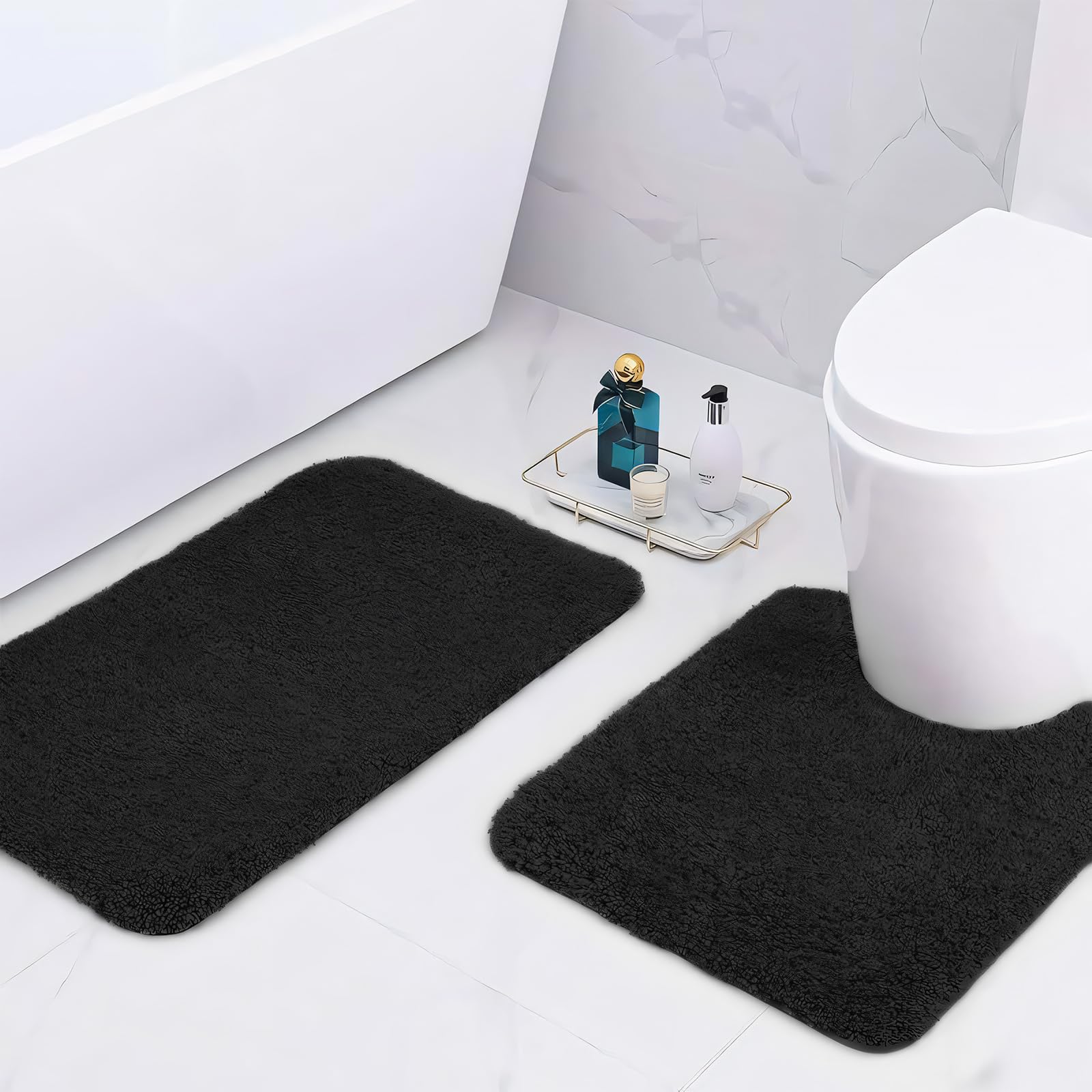 wyewye Microfibre Bath Mats, 2cm Super Thick Bath Rugs, Super Absorbent Bathroom Rugs 50x80cm and 50x50cm U-shape, Black
