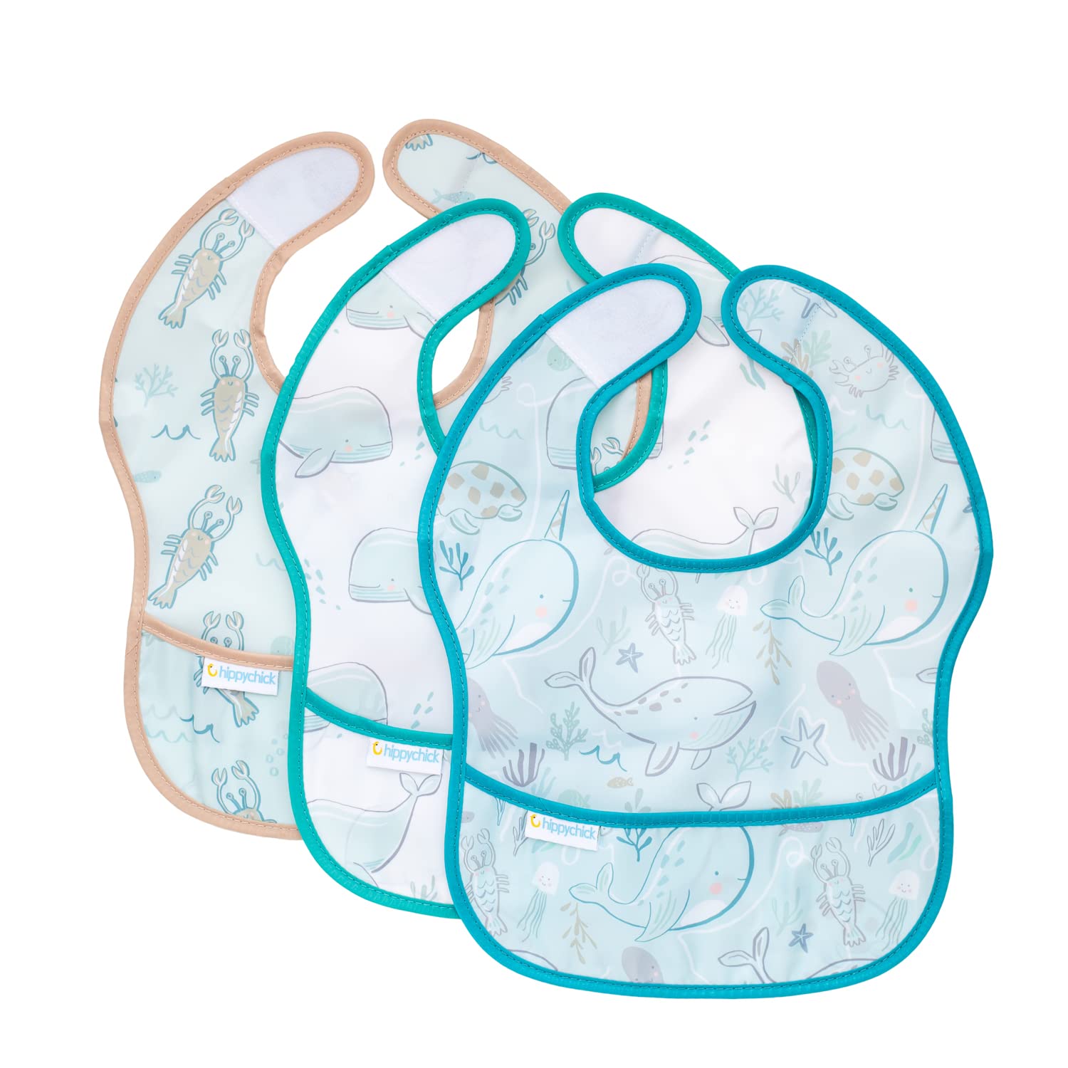 Hippychick Baby Weaning Bib, Waterproof Bibs with Pockets, for 6-24 Months, Little Bib 3 Pack - Under The Sea