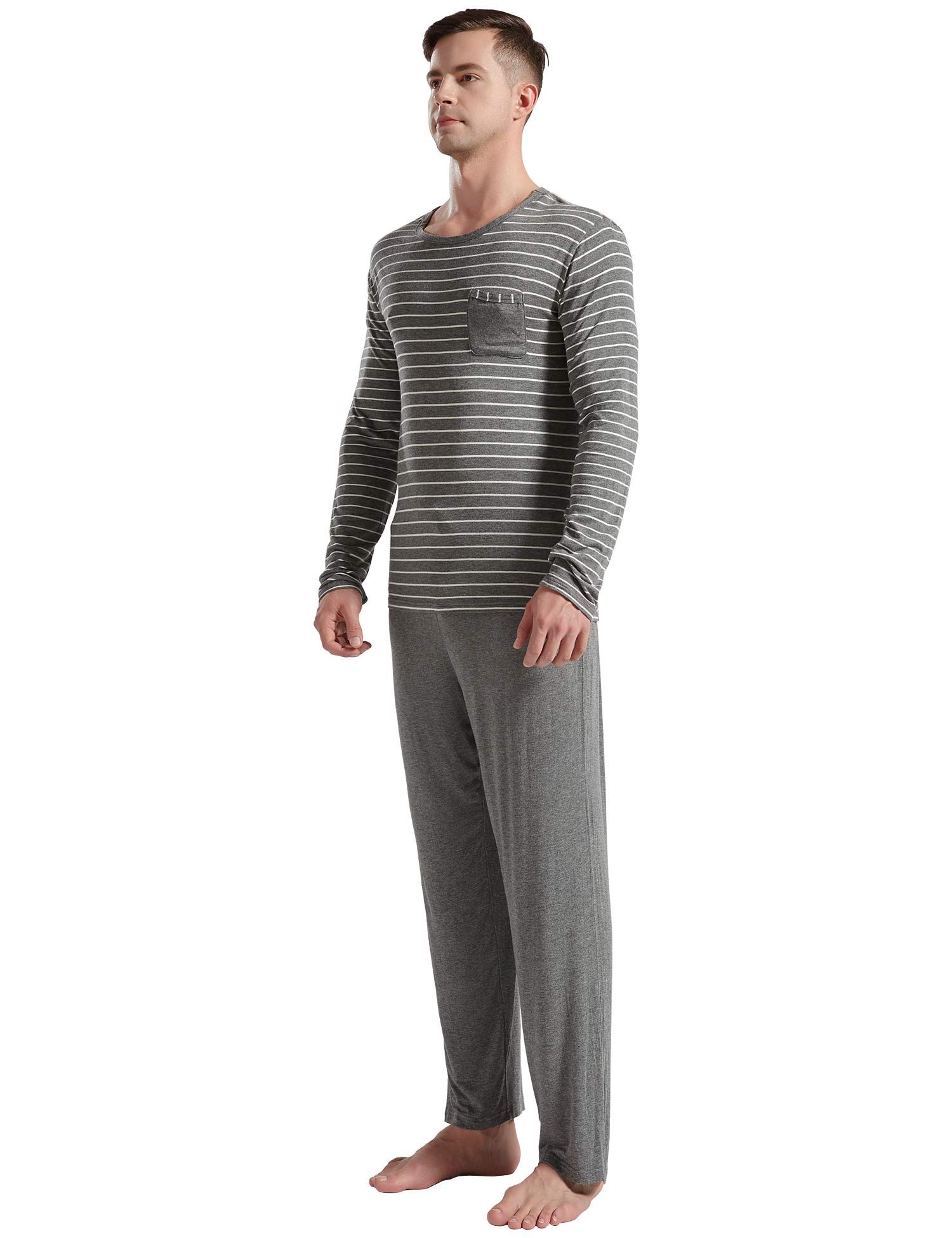 LEMONMOON Men\'s Pajama Set Cotton Classic Striped Crew Neck Sleepwear 2 Piece Long Sleeve Tee with Long Pants, Gray S