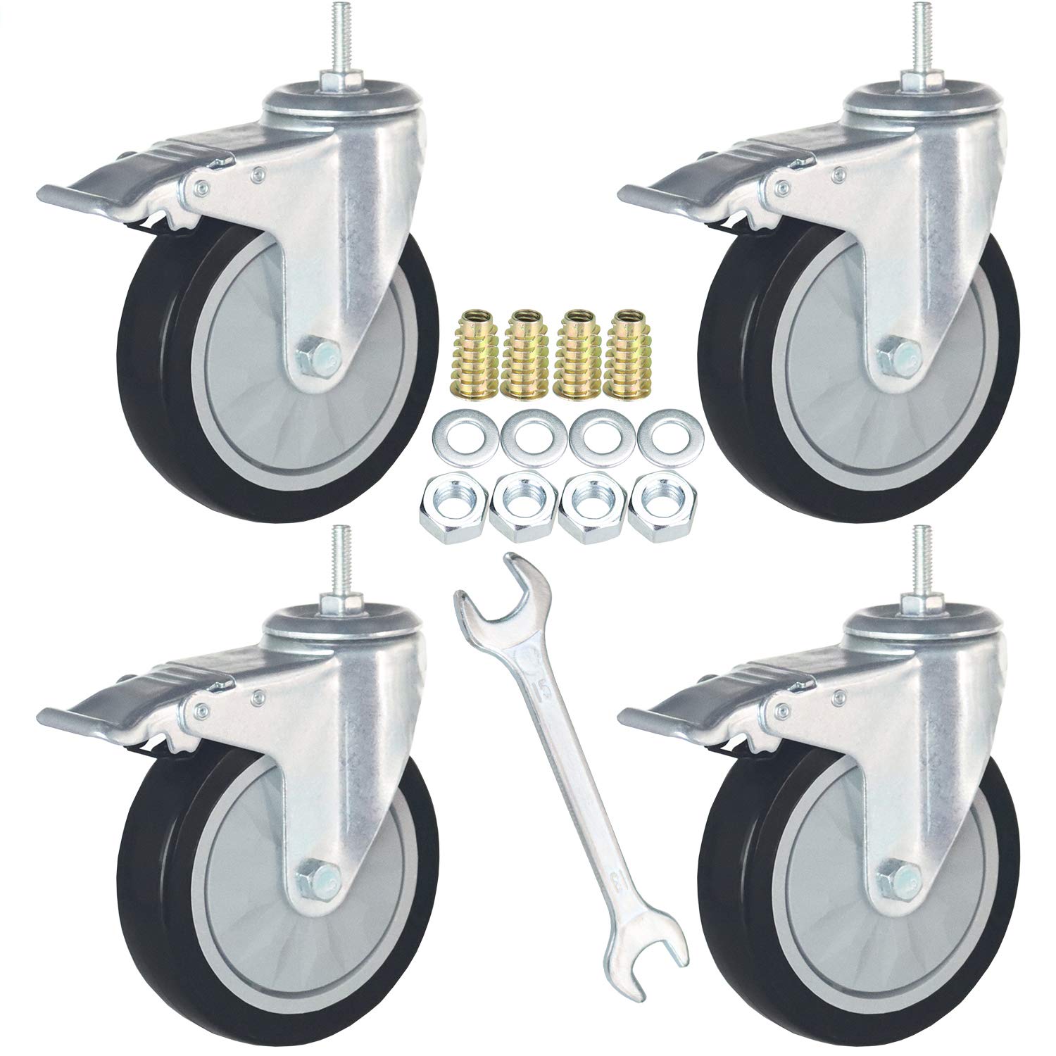 5 Inch Swivel Caster Wheels with Safety Dual Locking Set of 4, UNC 5/16"-18x1" Threaded Stem Mount Industrial Casters, Castors Heavy Duty Total Capacity 600Lbs for Furniture Dolly Workbench Trolley.: Industrial & Scientific