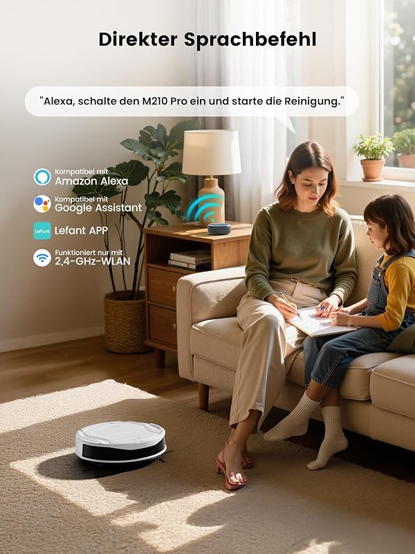 M210 Staubsaugerroboter, 2200 Pa, leistungsstark und leise, ultradünn 7,8 cm, WiFi/App/Alexa, Autonomie 120 Min, Teppichverstärkung, ideal für Tierhaare, Teppiche und Harte Böden
