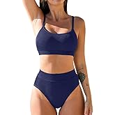 CUPSHE Women's Bikini Set Two Piece Swimsuits High Waisted Scoop Neck Spaghetti Adjustable Straps Textured