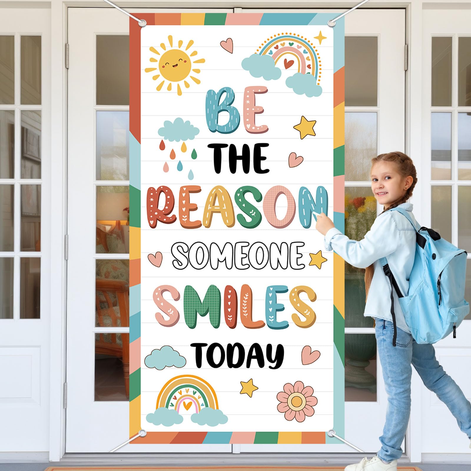 Photo 1 of Wiooffen Boho Classroom Colorful Welcome Door Cover Back to School Classroom Decoration Banner Wall Door Decor Front Door Porch Sign for Preschool Elementary Middle(BE THE REASON SOMEONE SMILES TODAY)