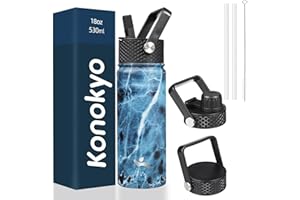Konokyo 18 oz Insulated Water Bottle Stainless Steel Sport Bottles with 3 Lids,Marble Ocean