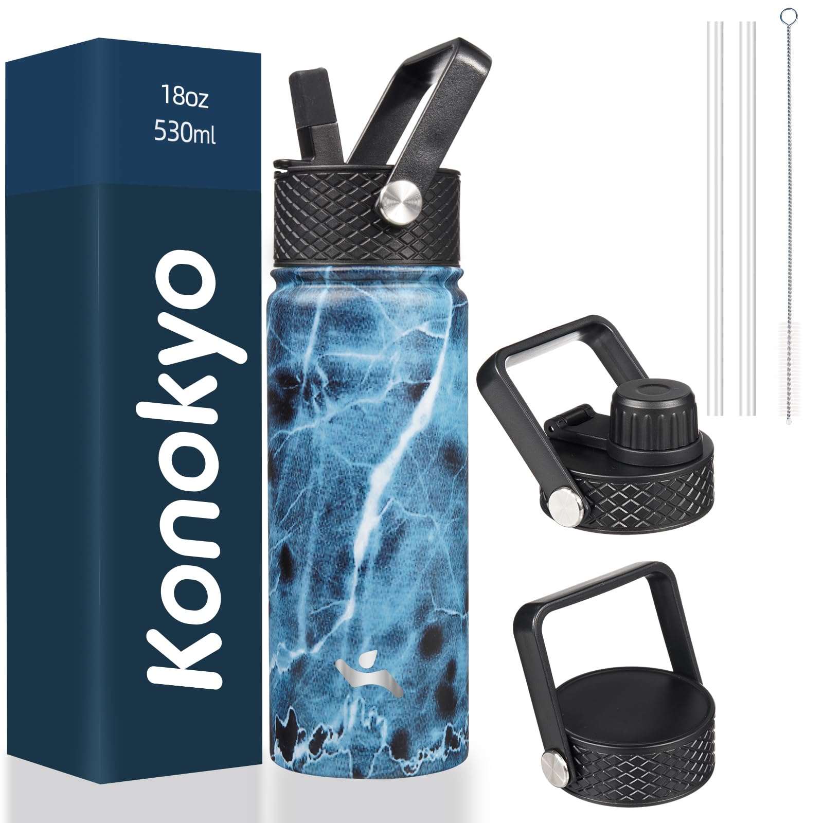 Photo 1 of Konokyo 18 oz Insulated Water Bottle Stainless Steel Sport Bottles with 3 Lids,Marble Ocean