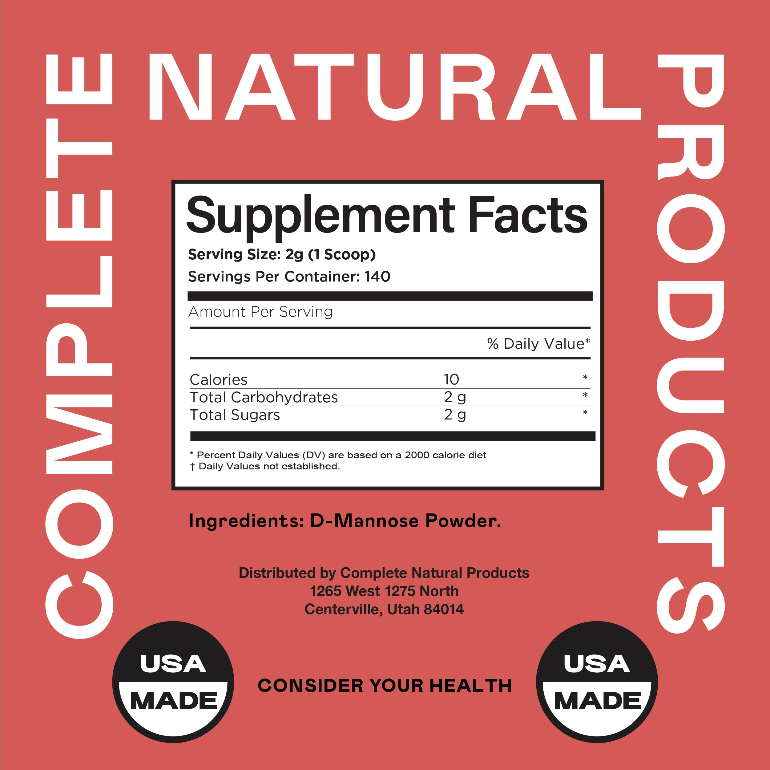 Complete Natural Products Pure D-Mannose Powder Supplement - Bulk D-Mannose 8oz (227 g) 115 Servings for UTI, Bladder, & Urinary Tract Health