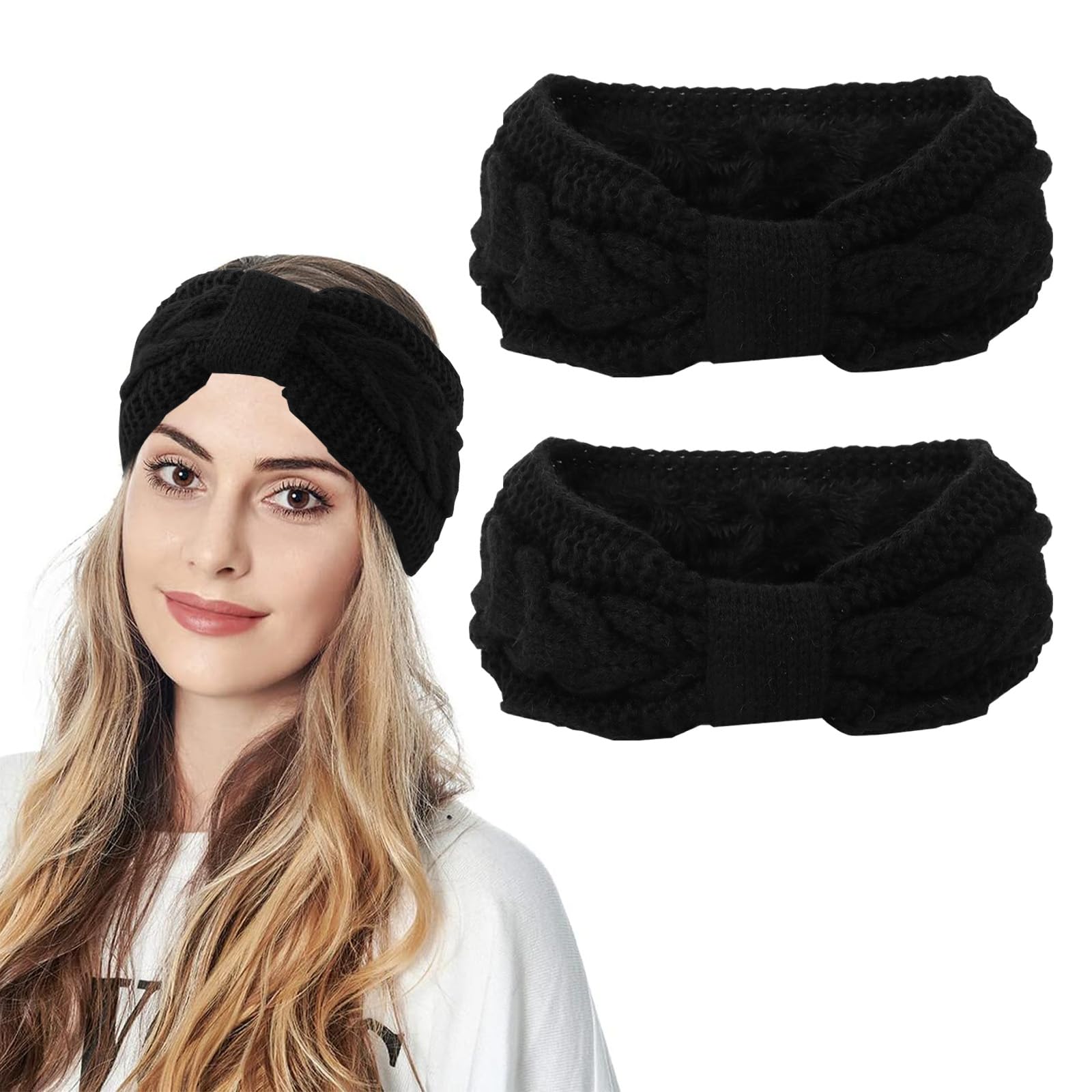 2 Pcs Winter Headband, Women's Knitted Bow Braided Hair Band - Wraps Thick Thermal Wide Headbands for Skiing, Running, Outdoor (Black)