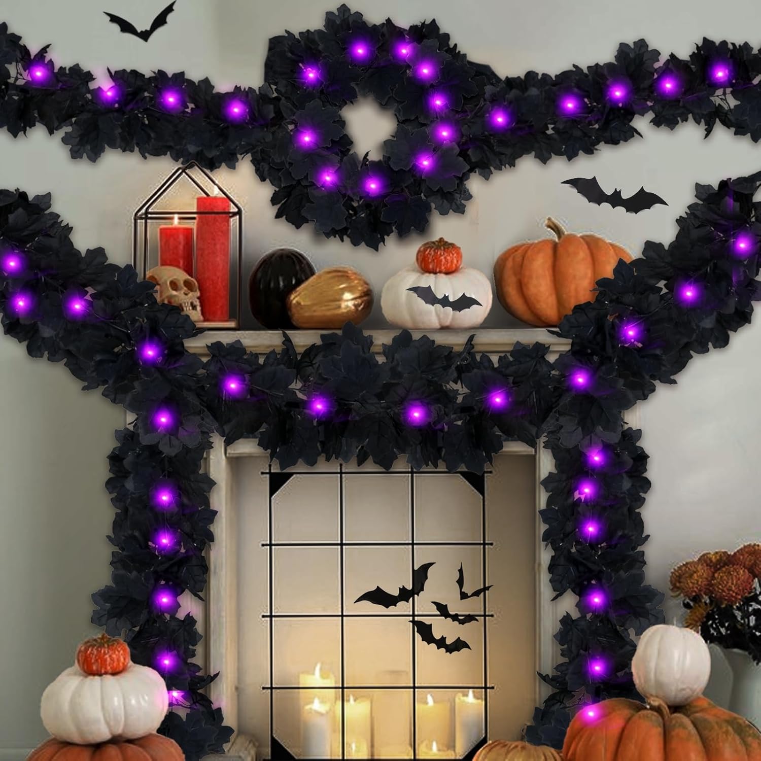 Wreaths, Garlands & Swags - 2 Pack Halloween Garland with Lights and 3D Bats,5.9Ft Black Halloween Garland for Indoor Outdoor Halloween Decorations