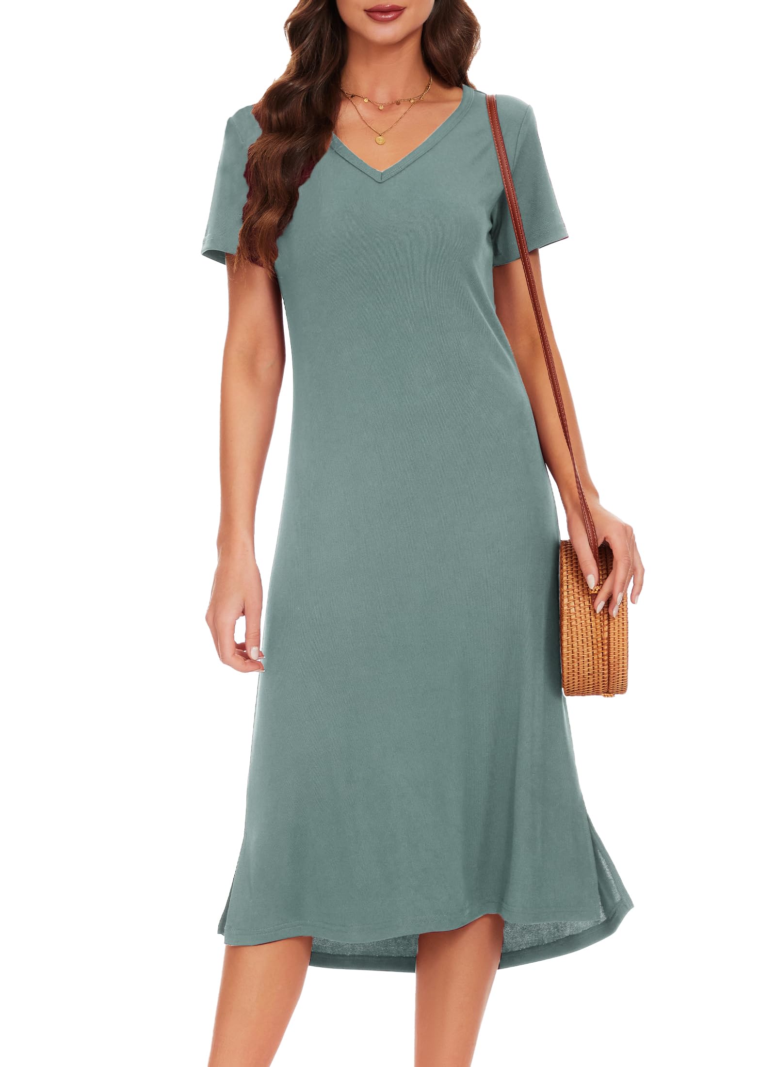 Photo 1 of VOBCTY Women's Casual Short Sleeve Tshirt Dress Summer Side Split Loose V Neck Dresses(GG,Medium)