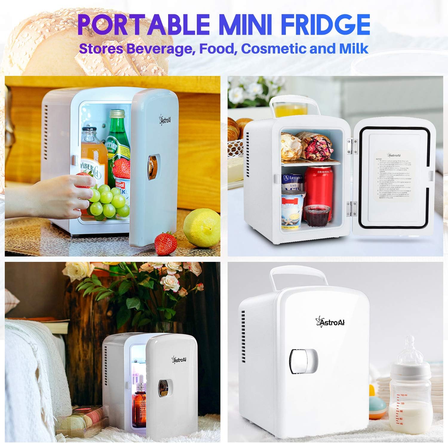 AstroAI Mini Fridge 4 Liter/6 Can AC/DC Portable Thermoelectric Cooler and Warmer for Skincare, Foods, Medications, Home and Travel, White: Automotive