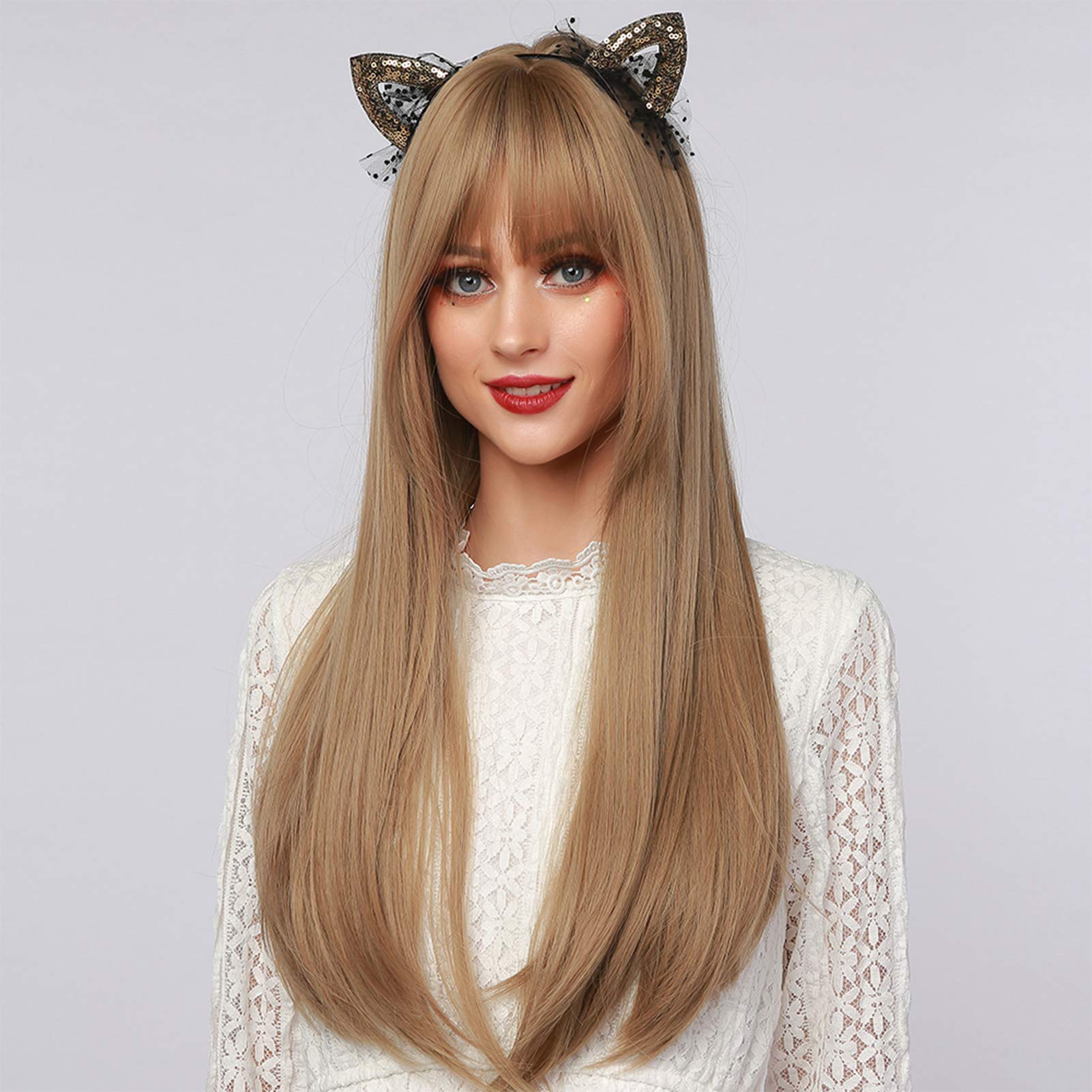Long Wavy Natural Women's Wig, Golden Long Straight Hair Wig with Bangs 26 Inches Synthetic Wigs for Women Daily Wear or Fancy Dress Party