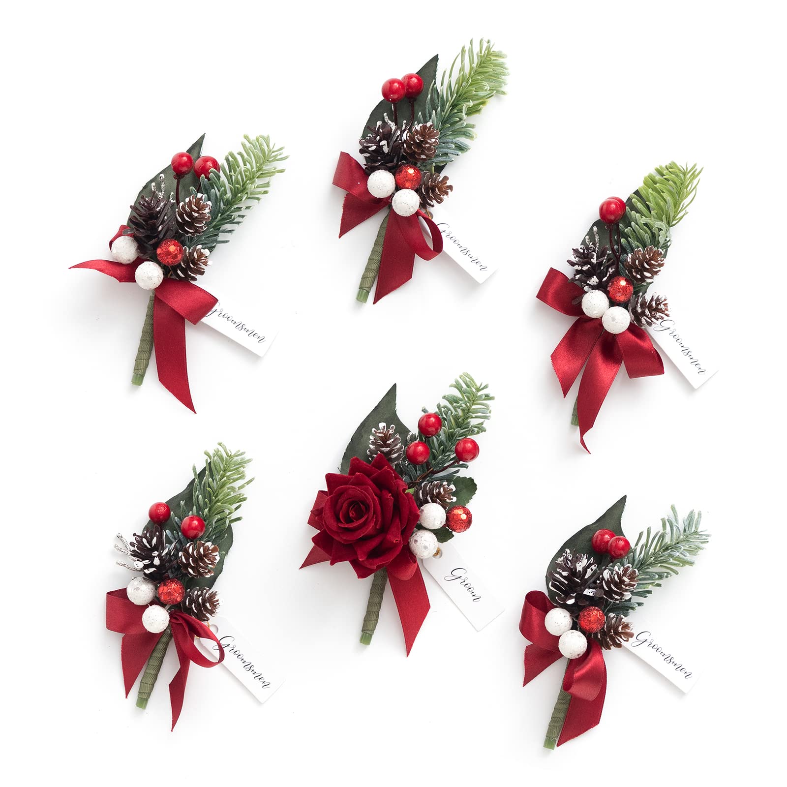 Photo 1 of (ONLY 3) Ling's Moment Boutonniere for Men, 6pcs Groom Groomsmen Boutonniere, Artificial Flowers for Wedding Decor/Prom/Homecoming, etc.Christmas Red Berry