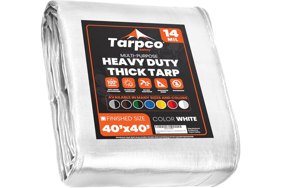 Tarpco Safety Extra Heavy Duty 14 Mil Tarp Cover, Waterproof, UV Resistant, Rip and Tear Proof, Poly Tarpaulin with Reinforced Edges for Roof, Camping, Patio, Pool, Boat (White 40′ X 40′)