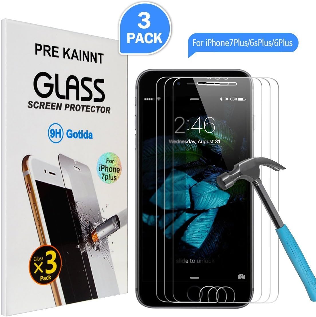 Screen Protector Glass,3Pack Kainnt iPhone 7 Plus 6S Plus/6 Plus(5.5inch) Screen Protector Glass, iPhone 7 Plus 6S Plus/6 Plus Tempered Glass Screen Protector for Apple iPhone 7 Plus 6S Plus/6 Plus