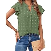 MEROKEETY Women's 2026 Spring V Neck Ruffle Short Sleeve Blouse Summer Swiss Dot Dressy Casual Flowy Shirt Tunic Top