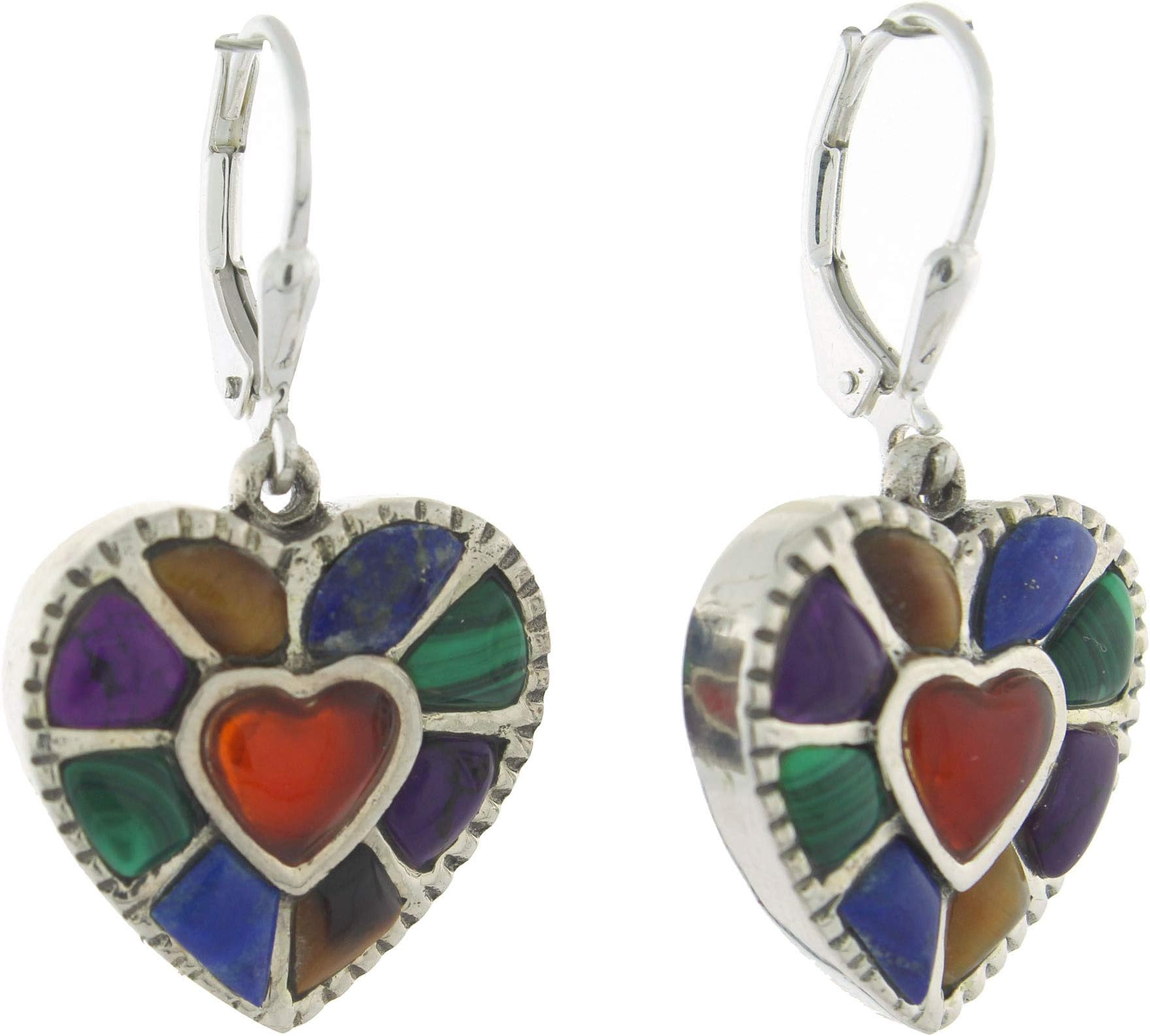 Sterling Silver Inlay Multigem Heart Lever Back Earrings