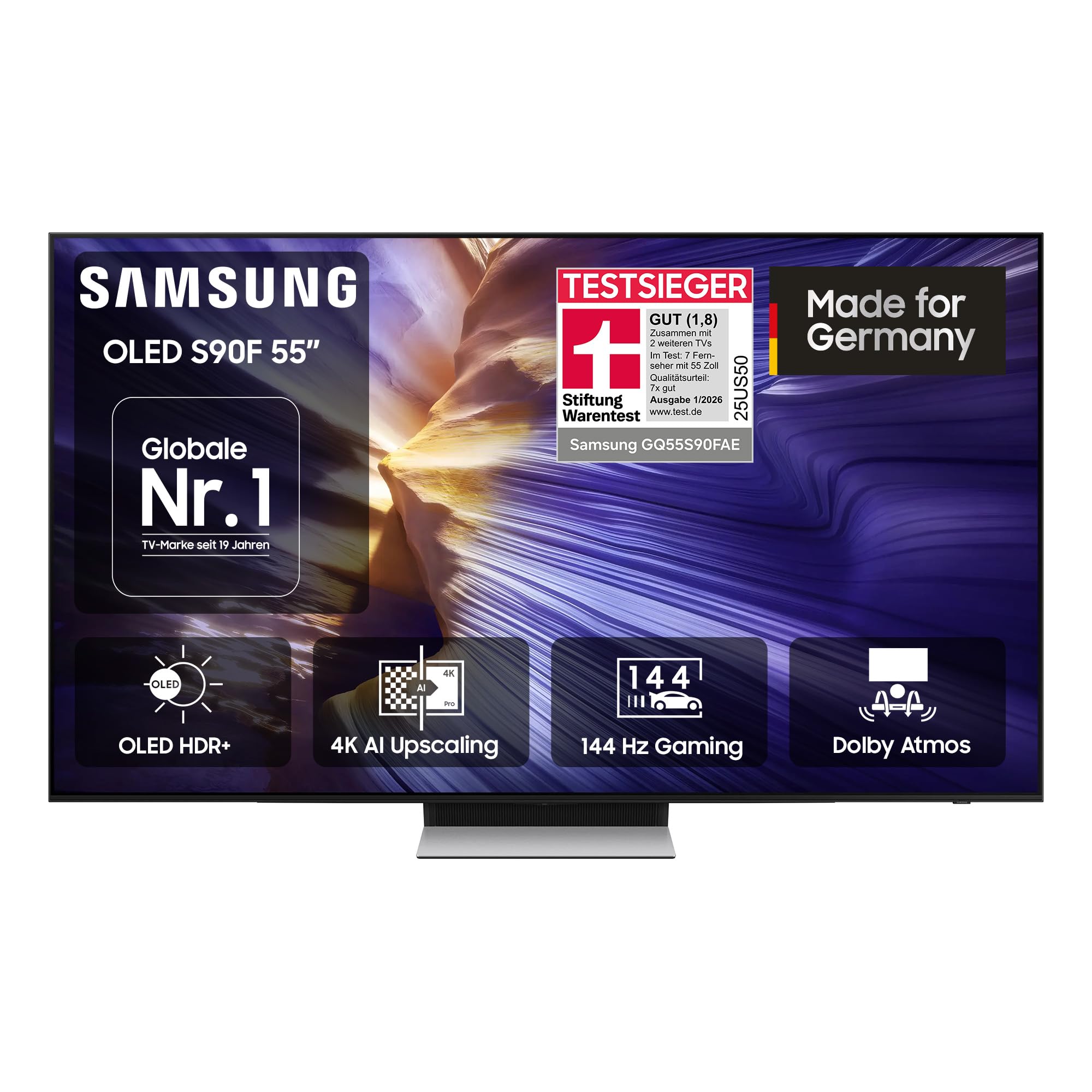 Samsung OLED 4K S90F 55 Zoll (138 cm), UHD Fernseher, Optimiert für Fussball und Gaming, NQ4 AI Gen3 Prozessor, OLED HDR+, 4K Upscaling Pro, Dolby Atmos, Motion Xcelerator, Samsung Vision AI Smart TV