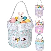 Personalized Easter Floral Bunny Basket for Kids, Custom Cute Rabbit Basket w/Embroidered Name, Customized Egg Hunt Storage Bags with Handles, First Easter Gifts for Newborn Baby Toddler Boy Girls