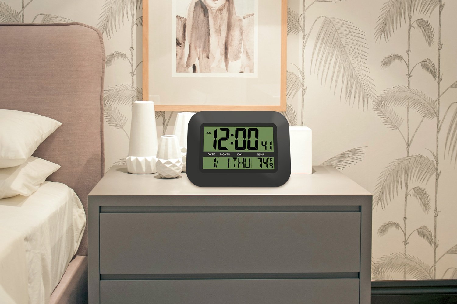 HeQiao Digital Wall Clock, Decorative Silent Desk Clock Simple Stylish Battery Operated Easy to Read Large LCD Alarm Clock with Calendar Temperature Snooze for Home Office (12 Inch, Night Black)