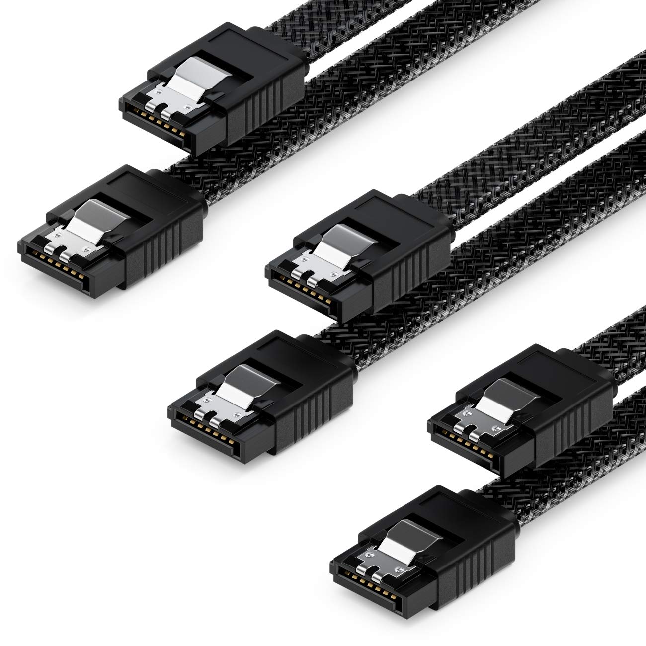 deleyCON 3x 50cm (1.64 ft.) SATA 3 Nylon Cable Set Data Cable 6 Gbit/s Connector Connection Cable Main Board HDD SSD Hard Drive 2 S-ATA Connector Straight Black