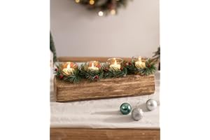 Romadedi Yule Log Candle Holder: Christmas Table Centerpiece Decor Tealight Holders with Rustic Farmhouse Wood Tray Mini Wreath for Dining Tables Fireplace Party Living Room Indoor Home Decorations