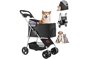 VEVOR Pet Stroller, 35 lbs Weight Capacity, Foldable Dog Stroller Cart, 4 Wheels Cats Strollers with with Detachable Carrier & Mesh Windows, Portable Design with Brake for Small to Medium Pets