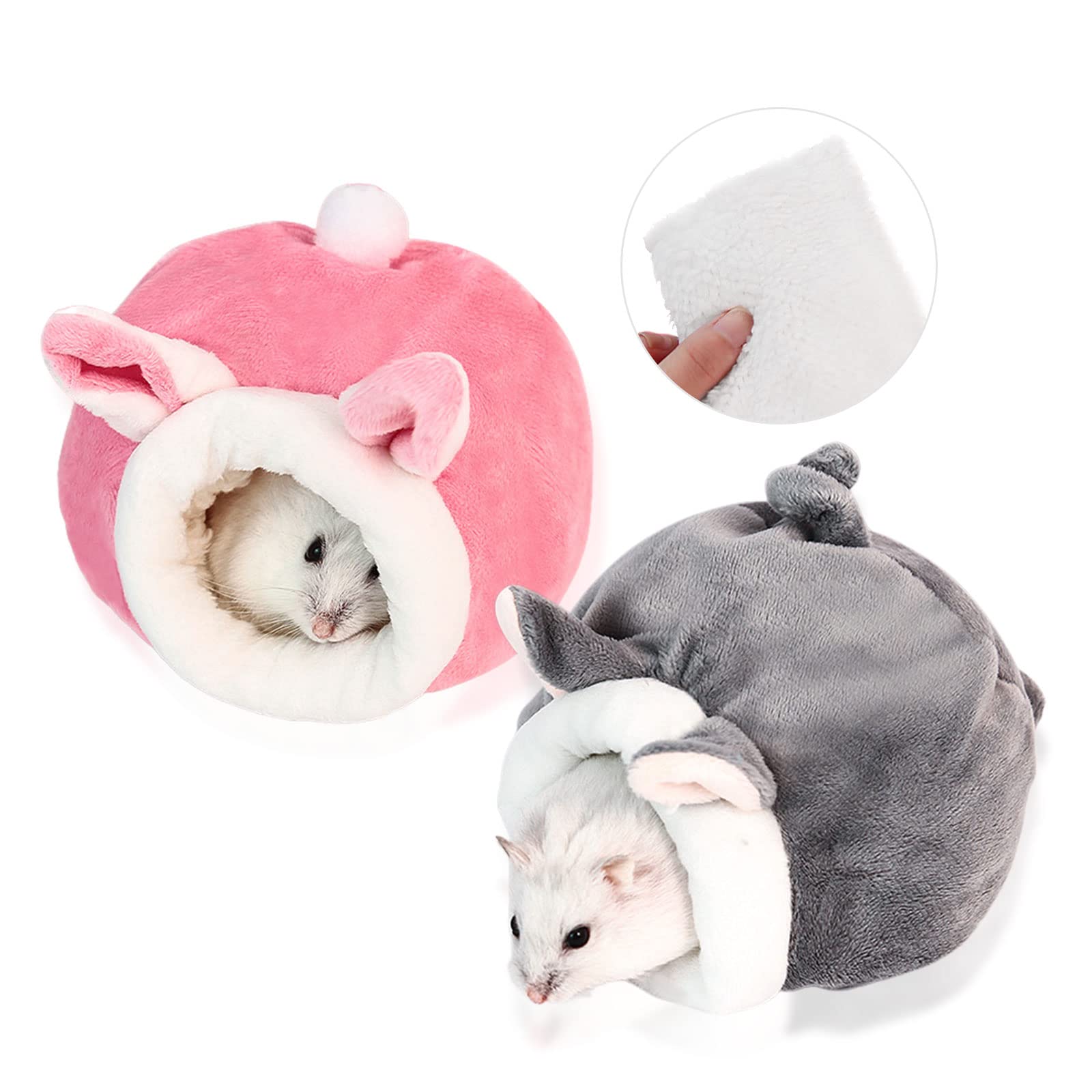 MIVAIUN 2 Pieces Hamster Bed,Mini Hamster Cotton Nest,Over Winter Sleeping Bags,Warm sleeping Nests for Winter,Small Animals Warm House for Dwarf Hamsters Golden Bear Hedgehogs Chinchilla(Grey+Pink)