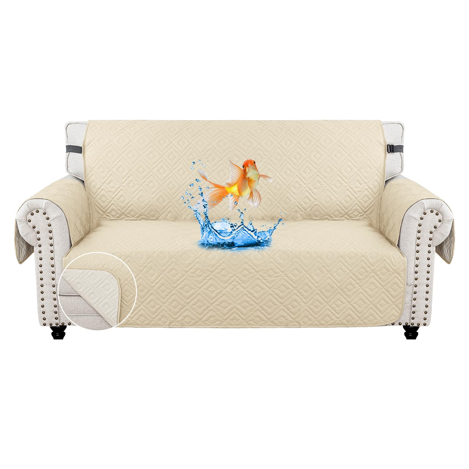 MAXIJIN Sofa Covers Waterproof Sofa Slipcovers Non-Slip 2 Seater Sofa Protectors with Elastic Straps Reversible Universal Couch Covers for Dogs, Pets, kids (Beige, 2 Seater)