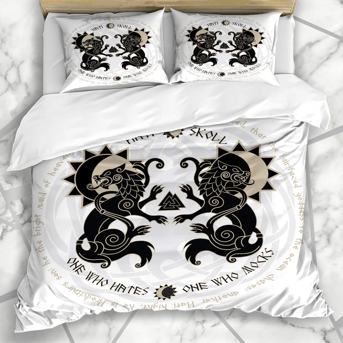 Ahawoso Duvet Cover Sets Queen/Full 90x90 Two Wolves Norse Hati Skoll Signs Symbols Sun Fantasy Pagan Geri Woden Valknut Moon Fenrir Vintage Soft Microfiber Decorative Bedroom with 2 Pillow Shams