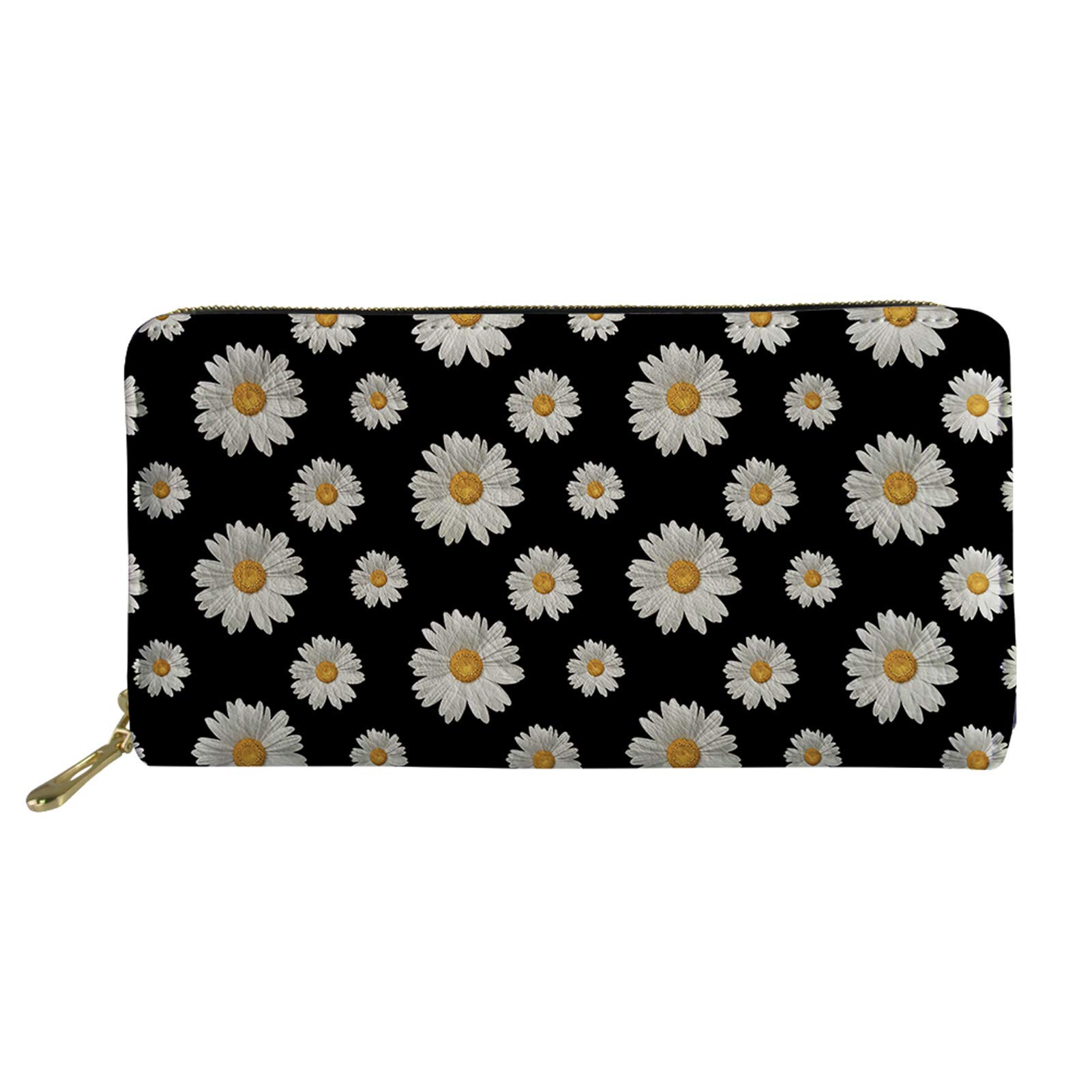 COEQINE Daisy Print Wallet Zip Around Large Capacity Pu Leather Clutch Purses Phone Wallet for Women Teen Girls,Black