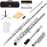 Mendini by Cecilio 16 Keys Closed Hole C Flute Kit for Beginners - Nickel | Beginner Flute Kit with Carrying Case, Stand, Tuning Rod, Adjustment Screws, Cork Grease, Lesson Book, Cleaning Kit, Gloves