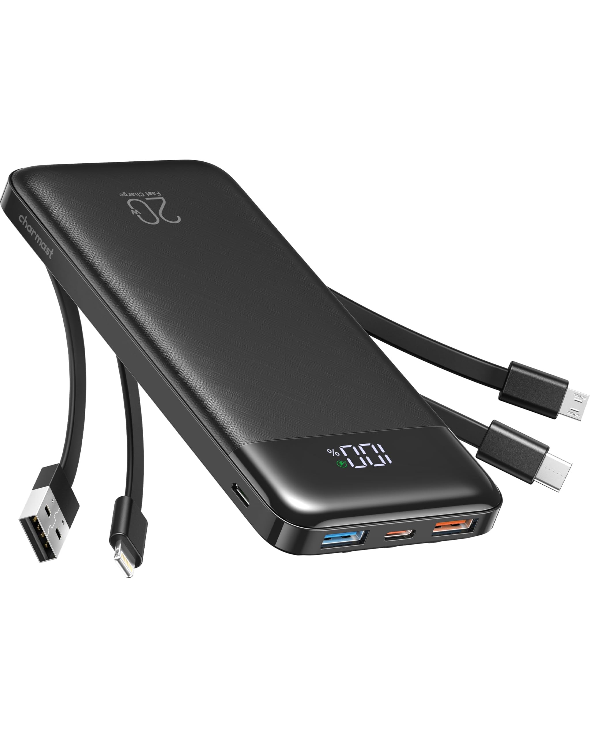 Charmast Power Bank, 22,5W Powerbank 20000mAh mit 4 Kabel und LED-Display, USB C PD3.0 QC4.0 Externe Handyakkus mit 6 Ausgängen Kompatibel mit iPhone 17 16 15 14 13 12 Pro Max Plus Samsung S24 Tablet