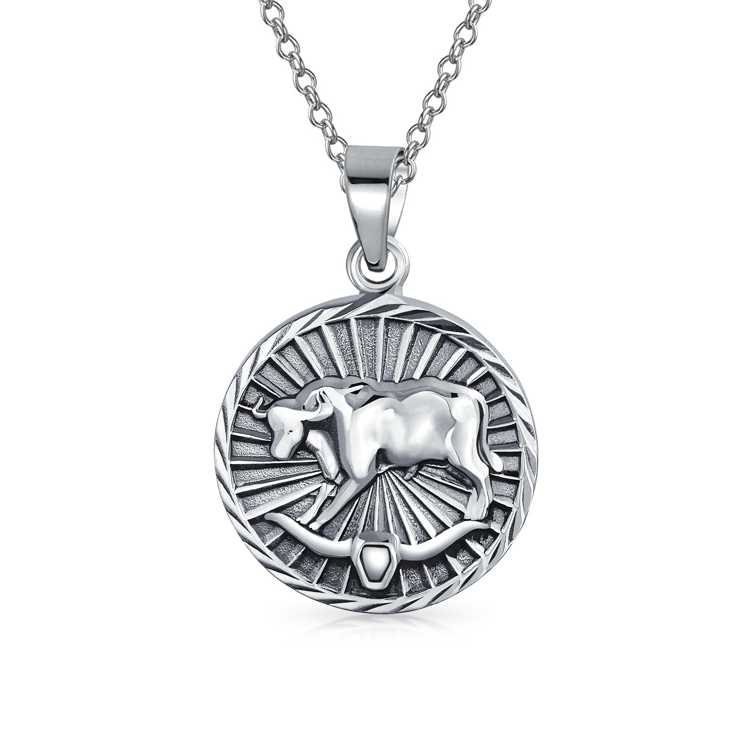 Bling Jewelry Taurus Zodiac Sign Astrology Horoscope Round Medallion Pendant For Men Women Necklace Antiqued Sterling Silver