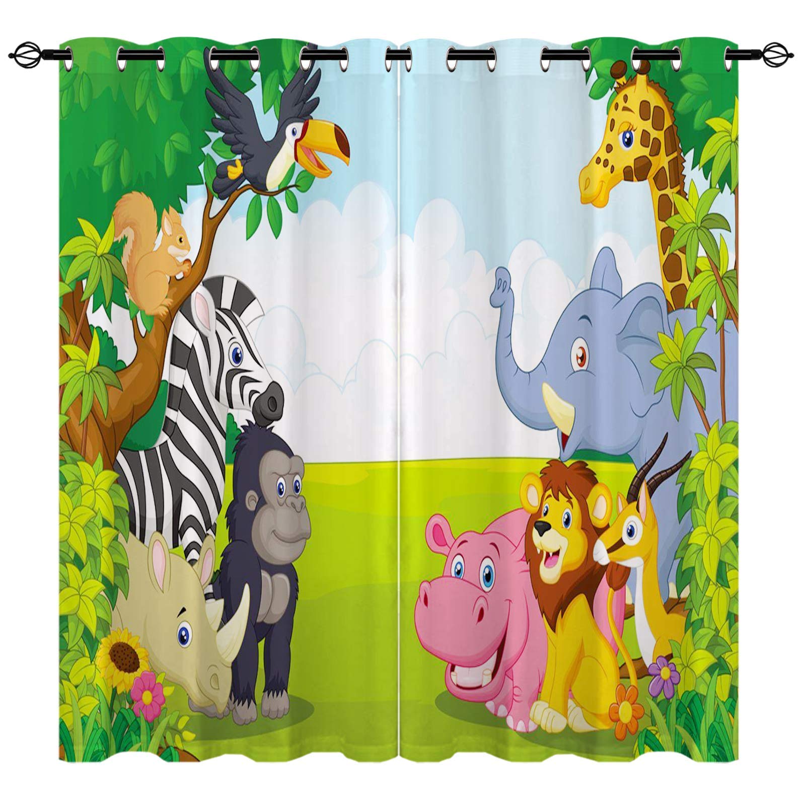 YUANZU Kids Blackout Curtains for Bedroom, Cartoons Jungle Animals Zoo Family 3D Pattern Eyelet Thermal Insulated Printed Curtains for Playroom Nursery, Set of 2 Panels W117cm (46") x D137cm (54")