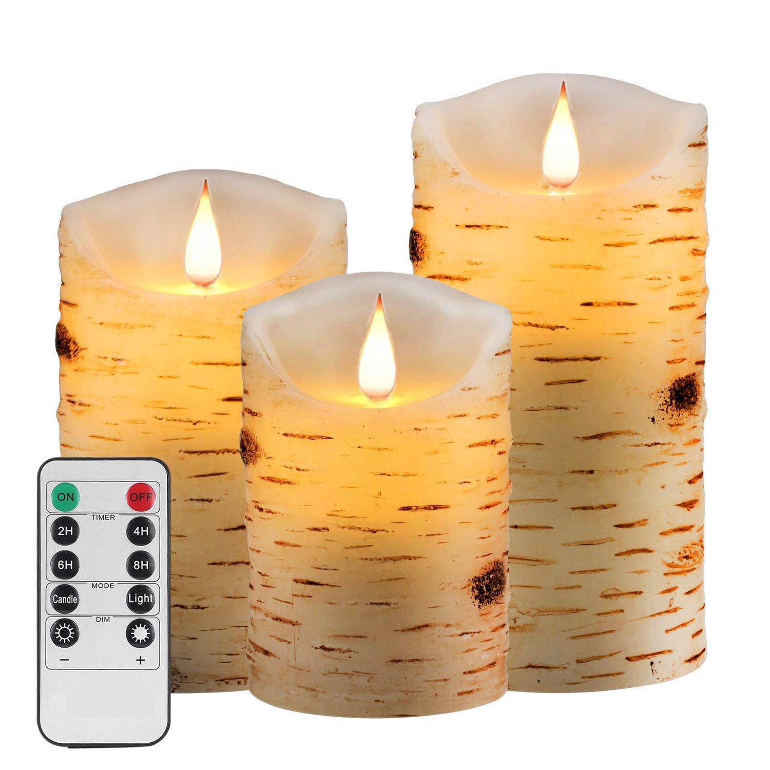 Nancia LED Candles with brich Effect Flickering Battery Operated Candles 4" 5" 6" Set of 3, 300 Hour Decorating Pillars,10-Key Remote Control with 24 Hour Timer Functio