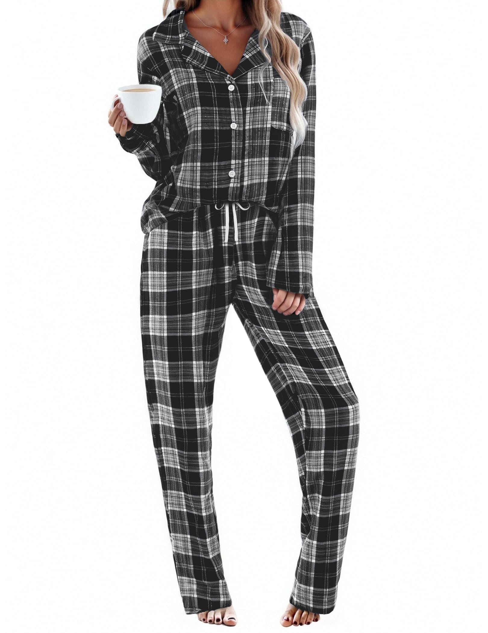 Photo 1 of **ONE PIECE*-*Ekouaer Womens Pajama Sets 2 Piece Cotton Plaid Pjs Long Sleeve Sleepwear Button Down Lounge Set with Pockets