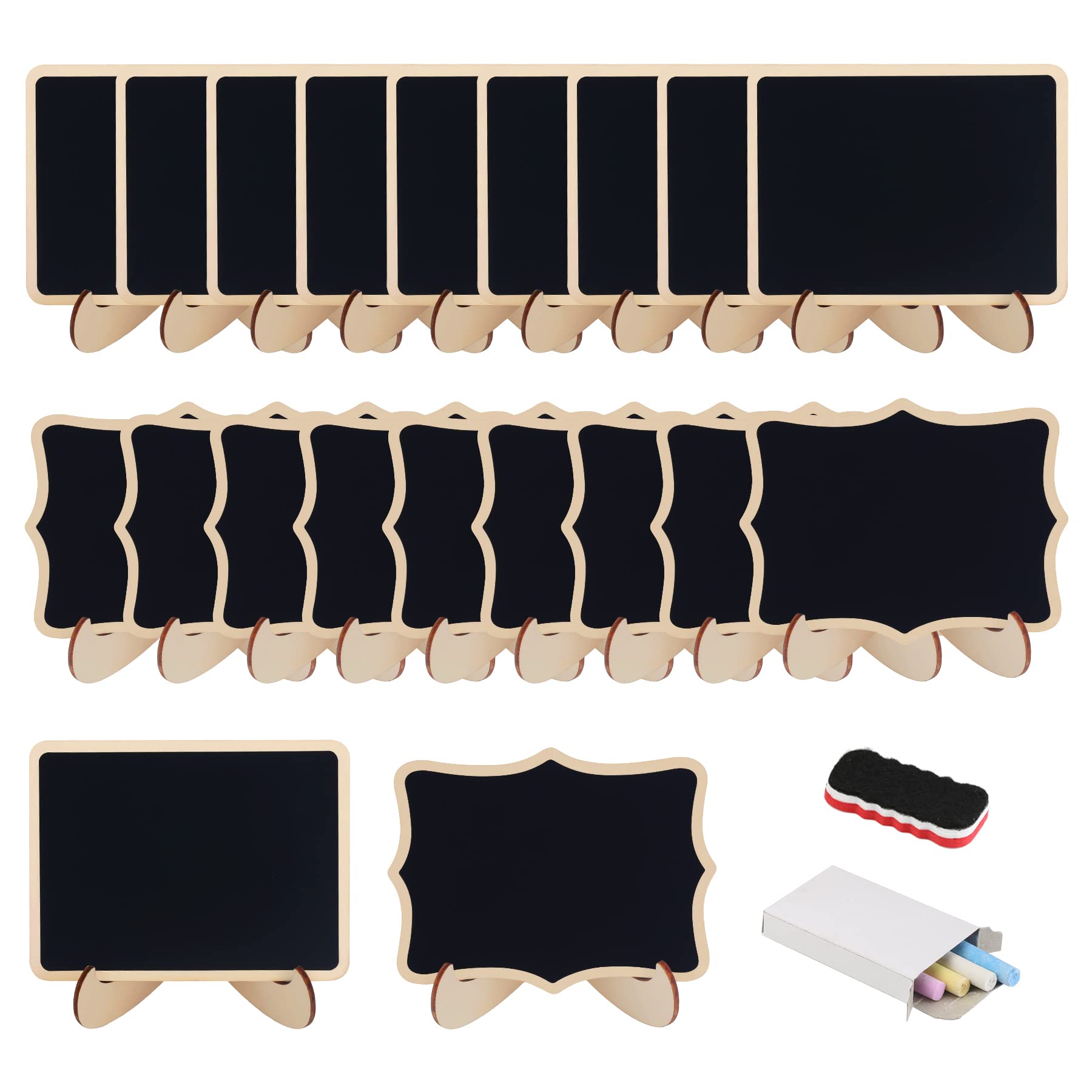 DKINY 20 Pcs Mini Chalkboard Signs with Stand Small Wooden Blackboards with Chalk and Eraser for Wedding Message Place Cards Table Numbers Shop Buffet Cafe Party