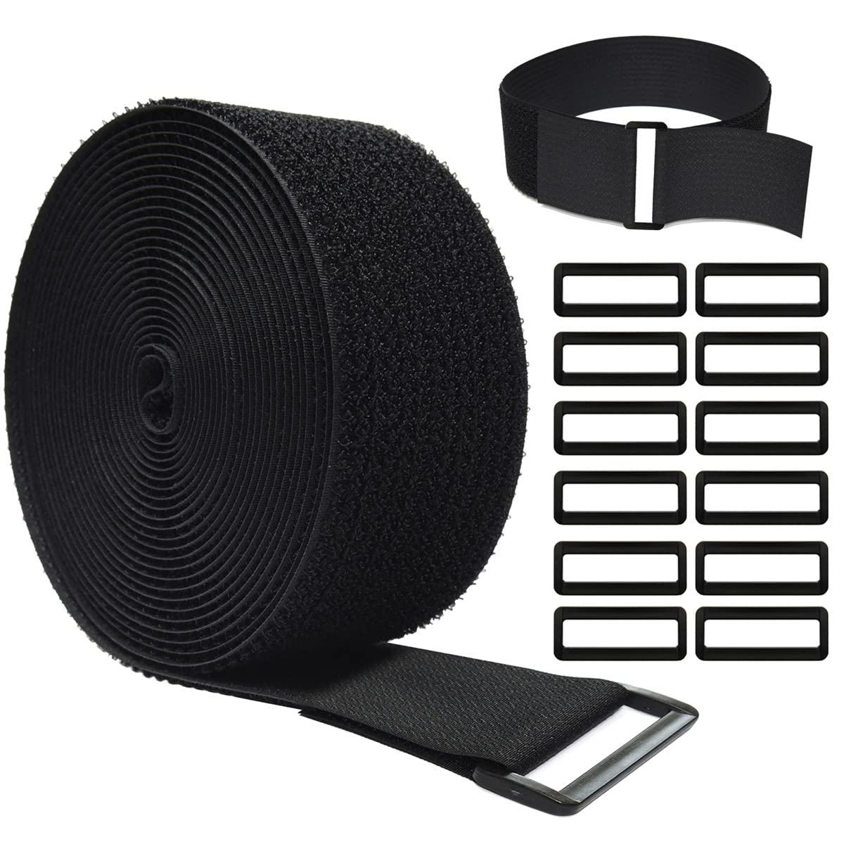WSZJINB 16Ft x 2In Adjustable Cable Straps with 12 Buckles, Free Cut Length, Black Reusable Fastening Cable Ties, Hook and Loop Securing Strap for Cable Tidy, Wire Management, Cord Organiser, Black