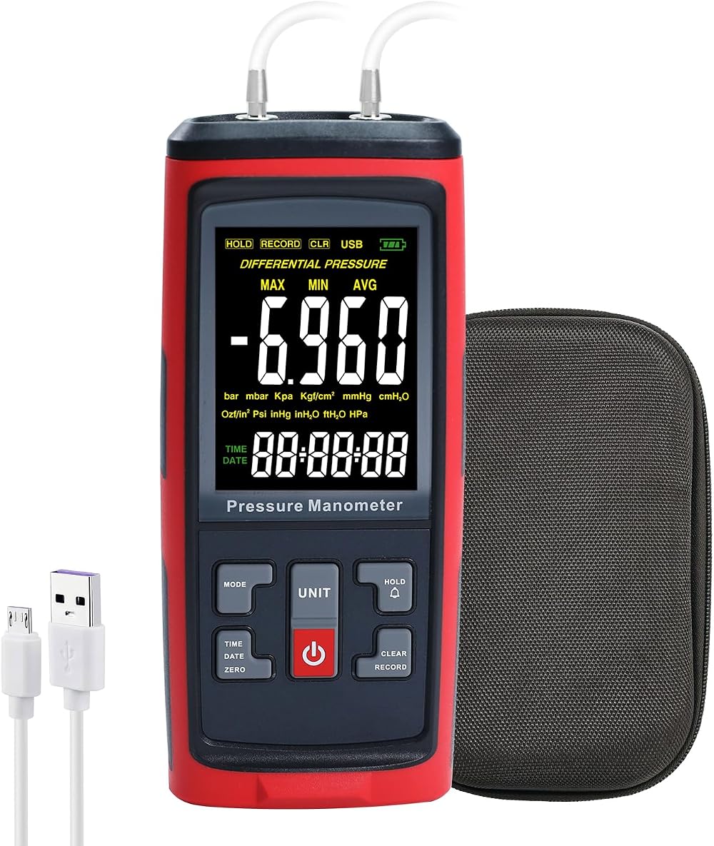 DANOPLUS Digital Manometer Gas Pressure Gauge HVAC ±200 inH2O LCD Data Logger