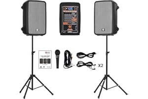 EXOTON 10inch PA System with 8-Channel Mixer,Portable 600W Bluetooth Speakers,USB/SD/FM/5-band EQ, Includes 2 Speaker Stands/Mic/48V Phantom Power,for Indoor&Outdoor