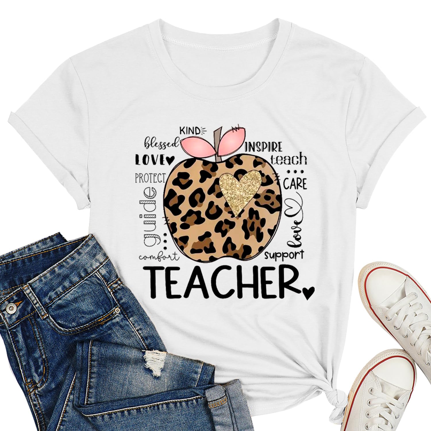 Photo 1 of WBH Teachers Shirts for Women Inspire Teacher Tshirt Teacher's Day Gift T Shirt Cute Leopard Print Tees Tops, Medium, White