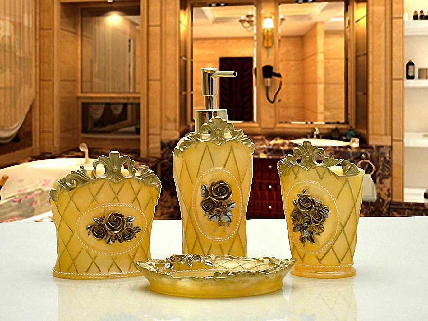 USTARAIL Bathroom Accessories set Imperial Palace Rose Yellow Design Soap Dish, Soap Dispenser, Toothbrush Holder & Tumbler Bathroom Set